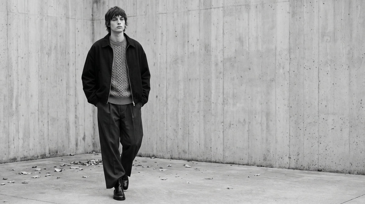 Nuvery Herbst-Look: Oversized-Strick unter kastiger Zip-Jacke mit weiter Hose
