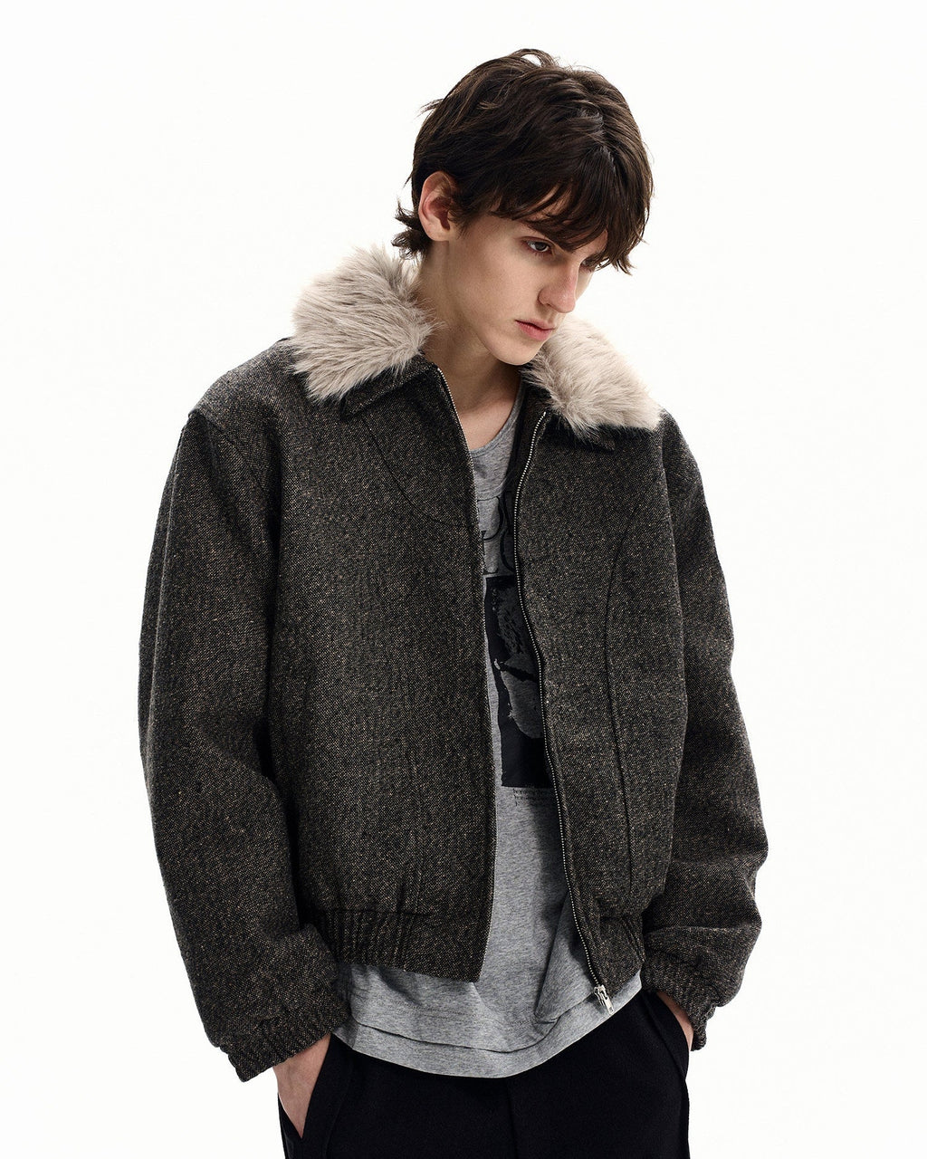 Bomberjacke Herren mit Kunstfell-Kragen – Wollmix Winterjacke Oversized