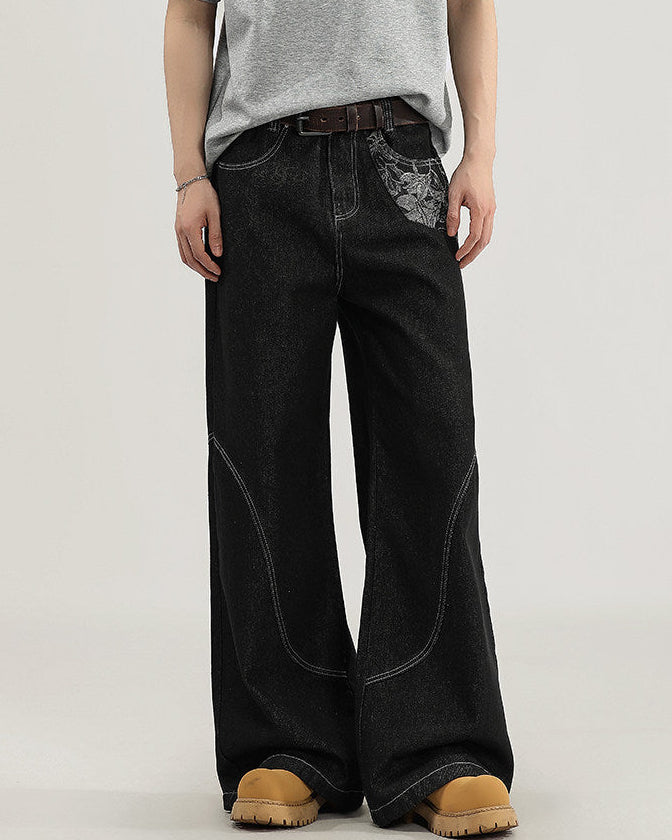 Wide-Leg Jeans Herren mit Kontraststeppung – Architektonisches Denim in Schwarz