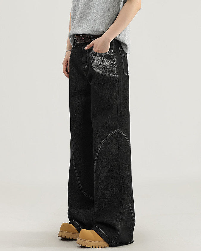 Wide-Leg Jeans Herren mit Kontraststeppung – Architektonisches Denim in Schwarz