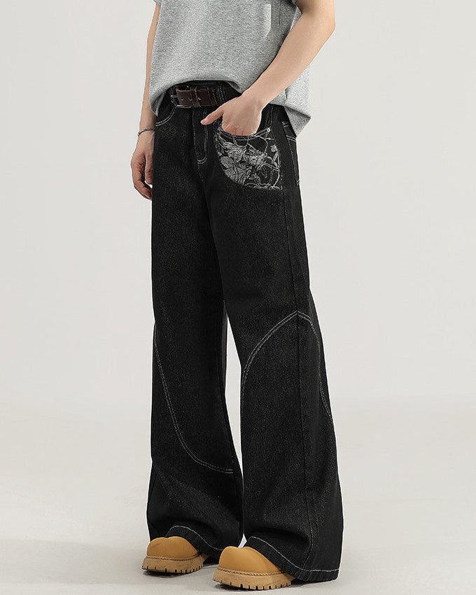 Wide-Leg Jeans Herren mit Kontraststeppung – Architektonisches Denim in Schwarz