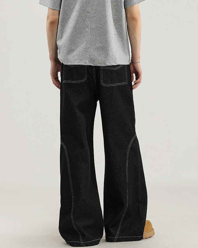 Wide-Leg Jeans Herren mit Kontraststeppung – Architektonisches Denim in Schwarz