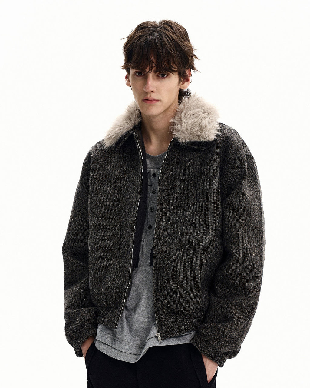 Bomberjacke Herren mit Kunstfell-Kragen – Wollmix Winterjacke Oversized