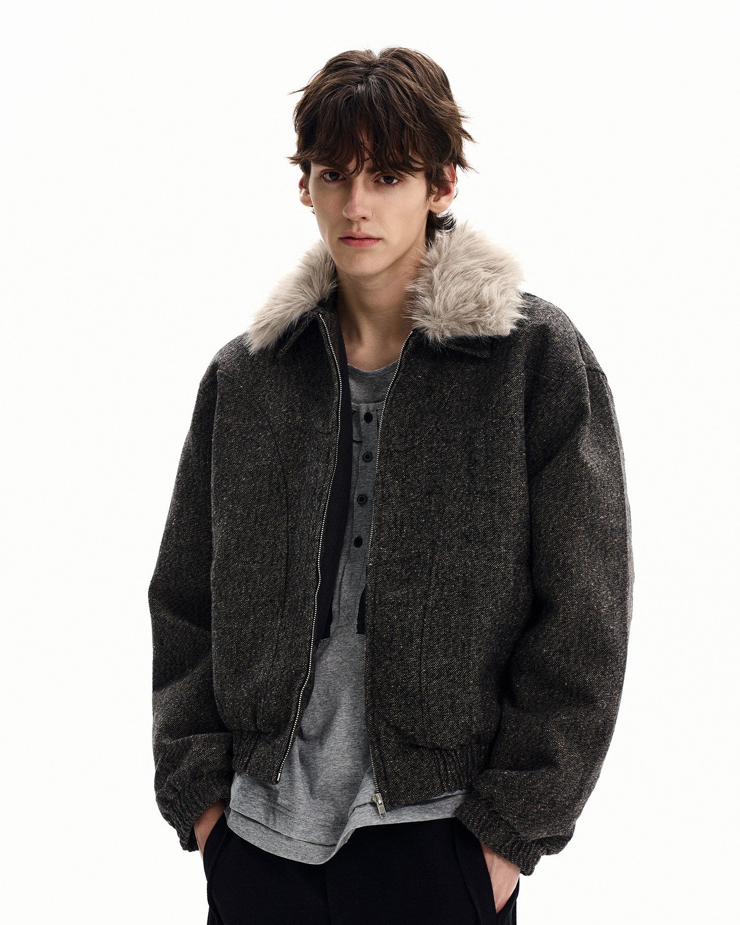 Bomberjacke Herren mit Kunstfell-Kragen – Wollmix Winterjacke Oversized