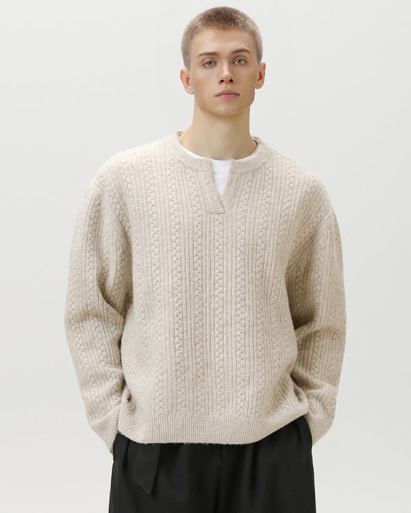 Strickpullover Herren mit Kerb-Ausschnitt – Cable Knit Pullover