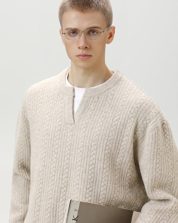 Strickpullover Herren mit Kerb-Ausschnitt – Cable Knit Pullover