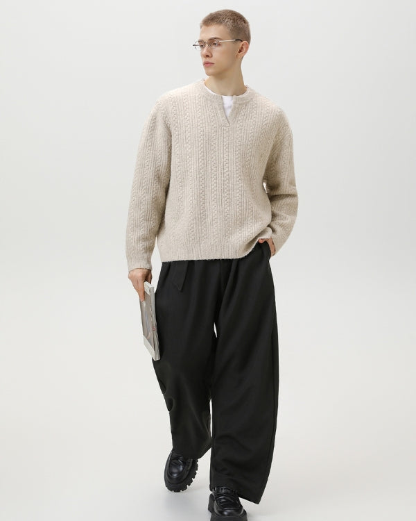 Strickpullover Herren mit Kerb-Ausschnitt – Cable Knit Pullover