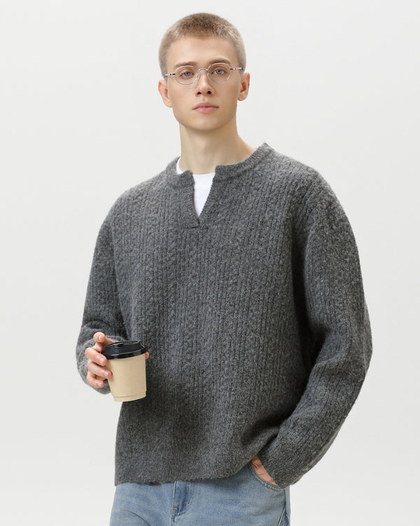 Strickpullover Herren mit Kerb-Ausschnitt – Cable Knit Pullover