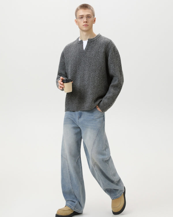 Strickpullover Herren mit Kerb-Ausschnitt – Cable Knit Pullover