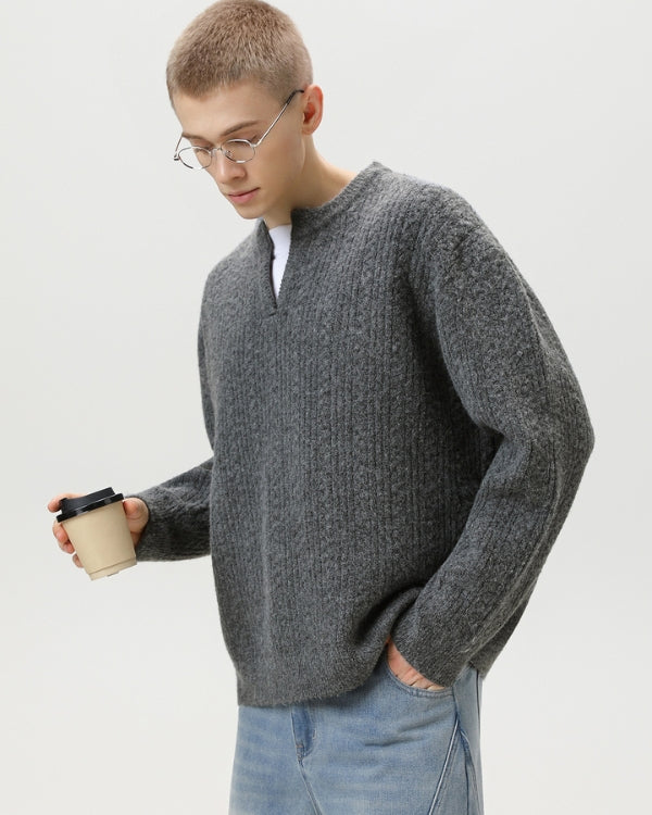 Strickpullover Herren mit Kerb-Ausschnitt – Cable Knit Pullover