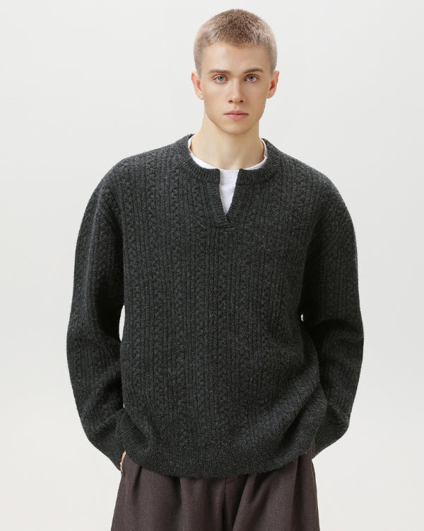 Strickpullover Herren mit Kerb-Ausschnitt – Cable Knit Pullover