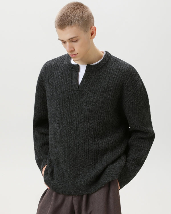 Strickpullover Herren mit Kerb-Ausschnitt – Cable Knit Pullover