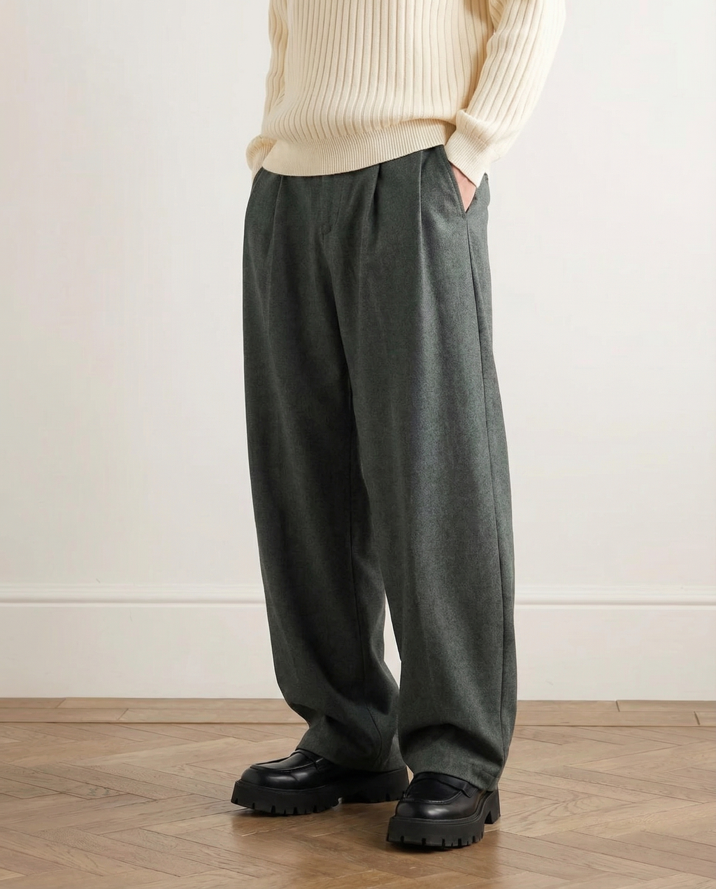 Wide-Leg Wollhose Herren mit Gürtel – Wollmix Tailored Trousers