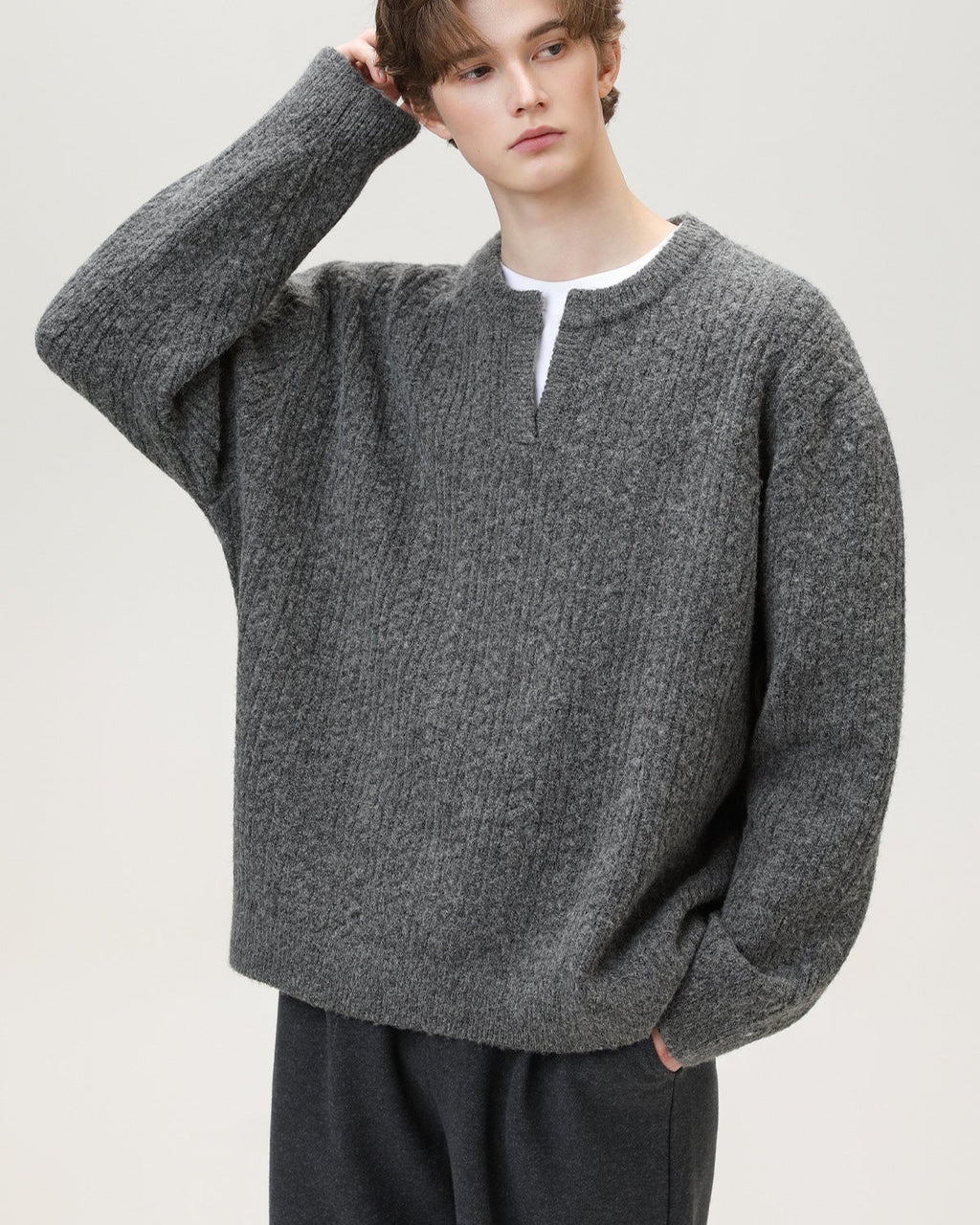 Split-Neck Strickpullover Herren – Wollmix Pullover mit V-Schlitz