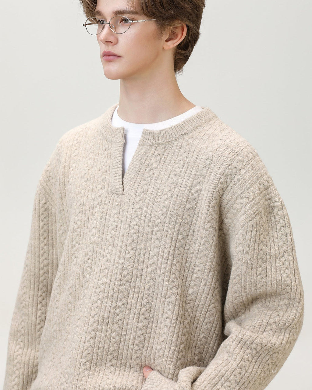 Split-Neck Strickpullover Herren – Wollmix Pullover mit V-Schlitz