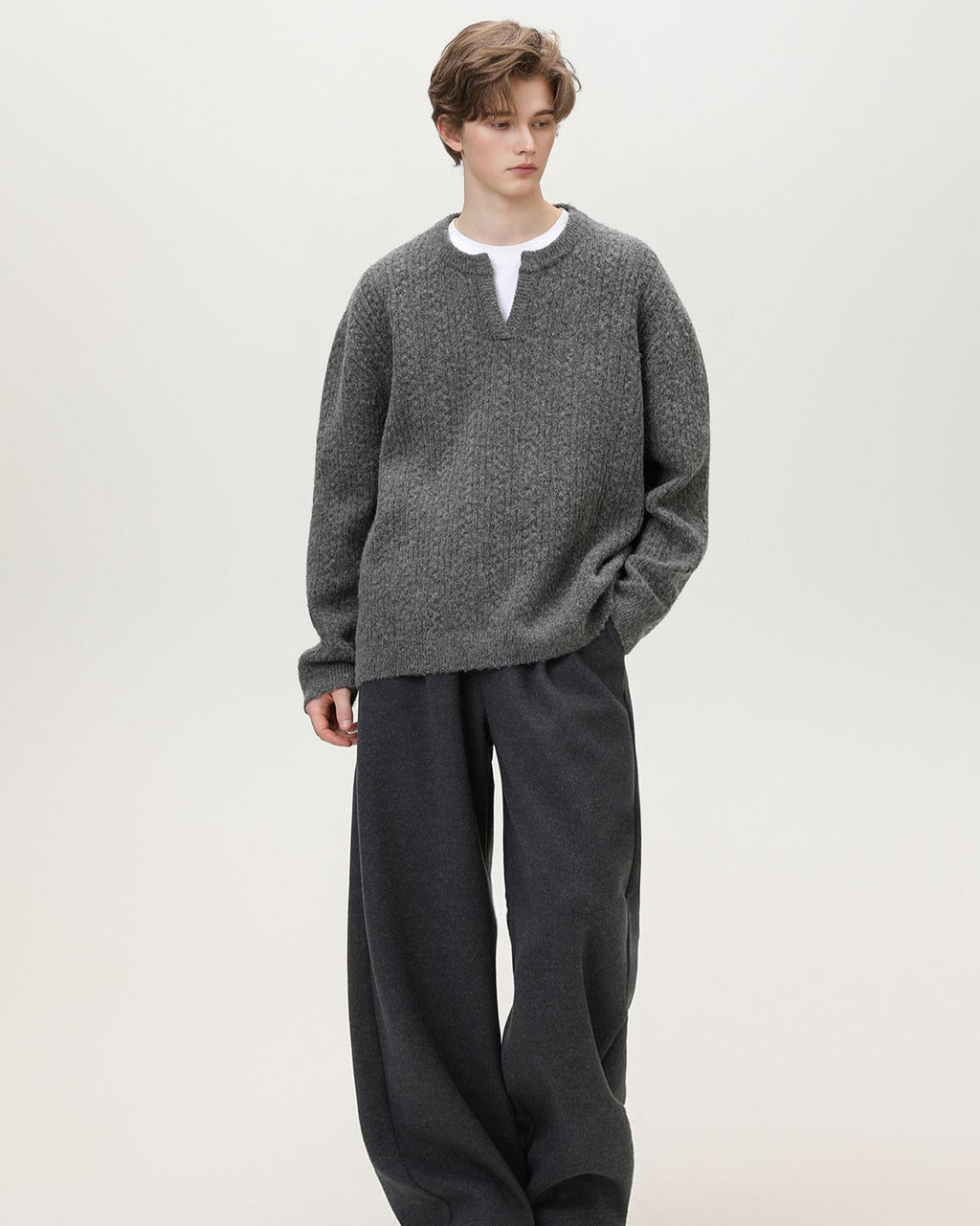 Split-Neck Strickpullover Herren – Wollmix Pullover mit V-Schlitz