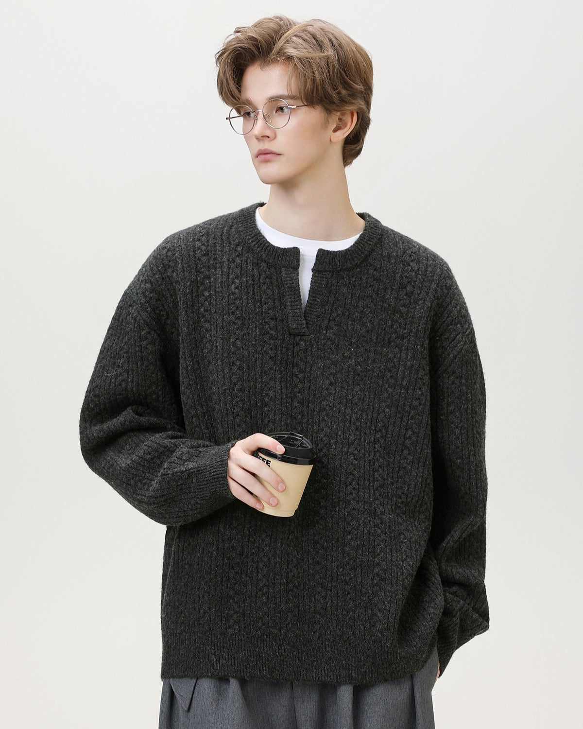 Split-Neck Strickpullover Herren – Wollmix Pullover mit V-Schlitz