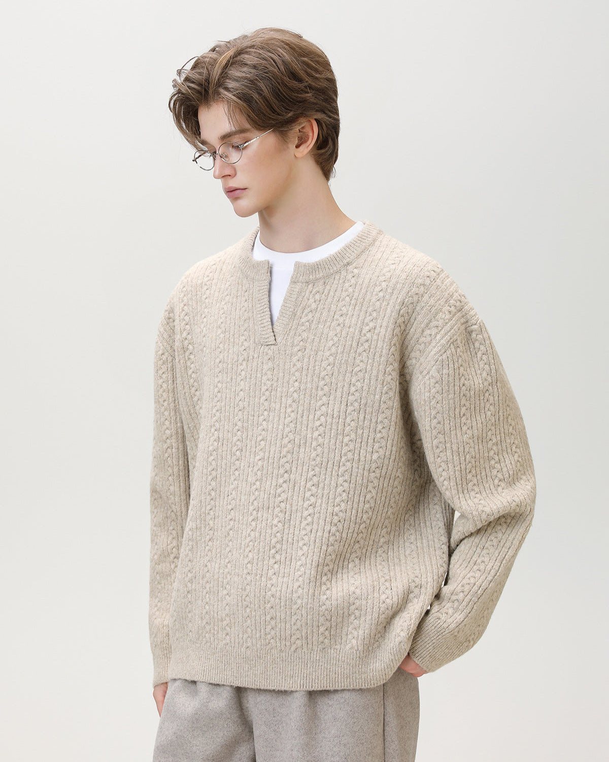 Split-Neck Strickpullover Herren – Wollmix Pullover mit V-Schlitz