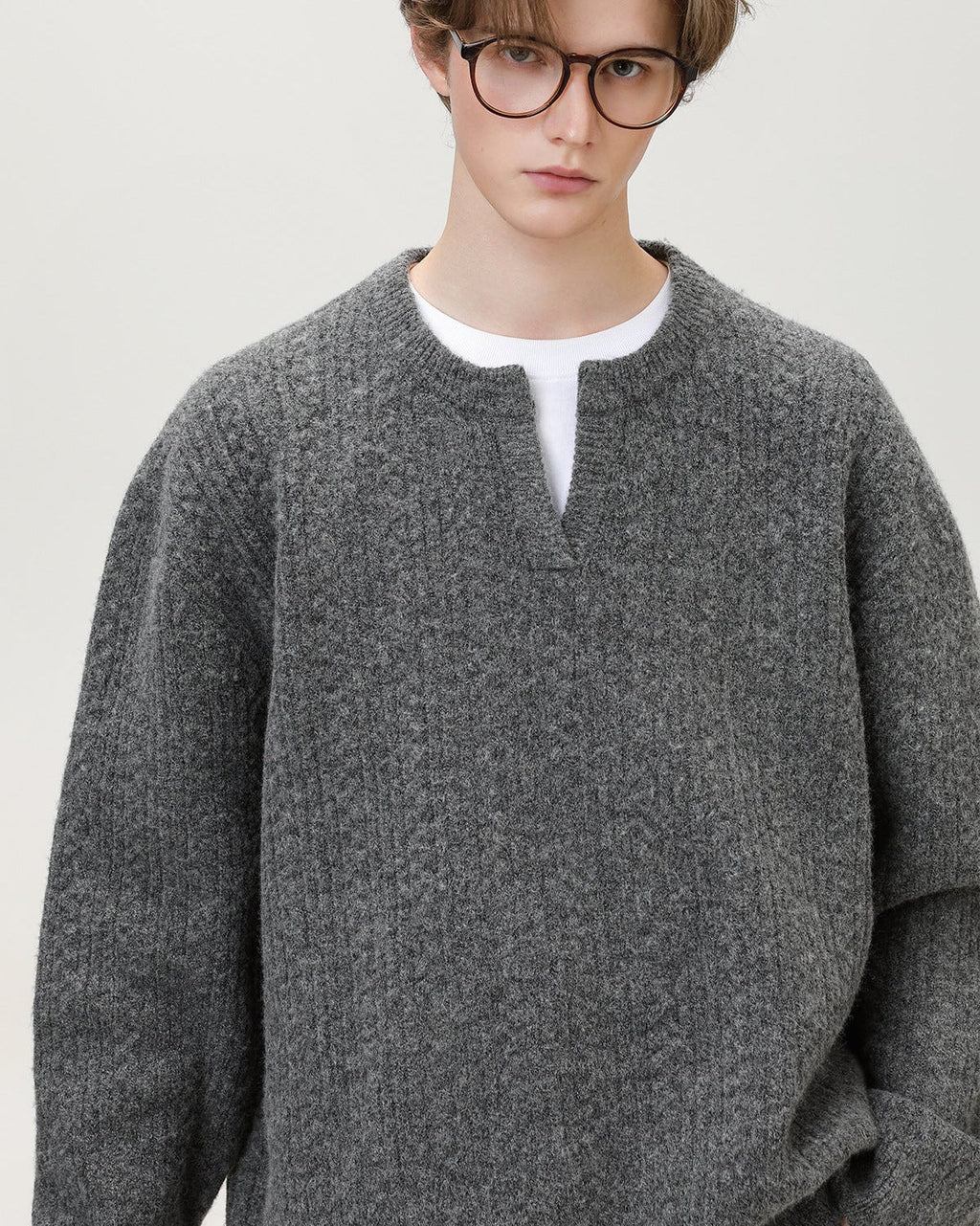 Split-Neck Strickpullover Herren – Wollmix Pullover mit V-Schlitz