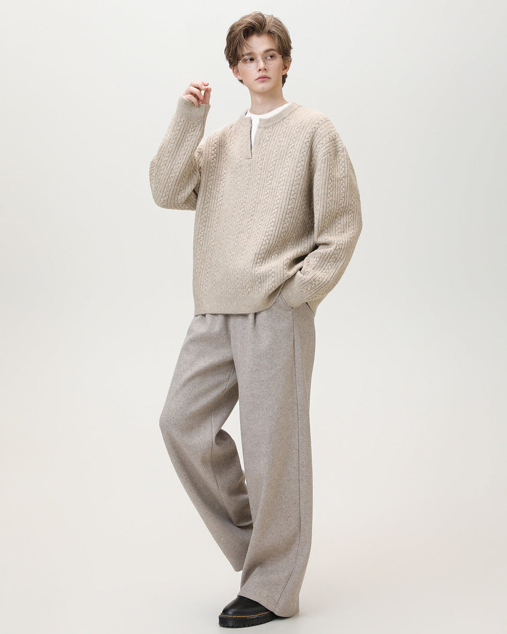 Split-Neck Strickpullover Herren – Wollmix Pullover mit V-Schlitz