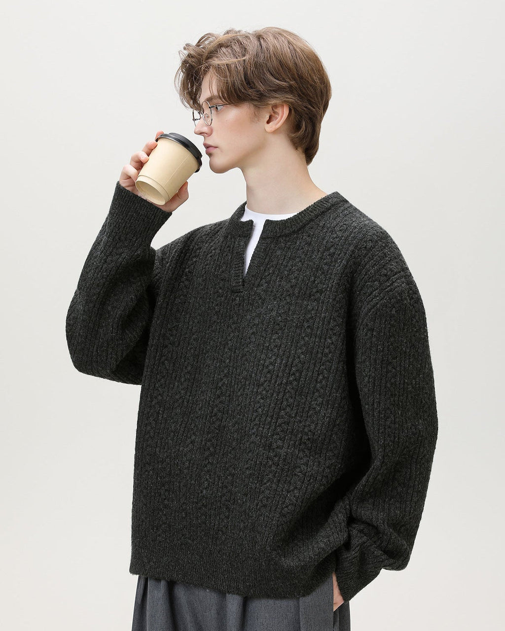 Split-Neck Strickpullover Herren – Wollmix Pullover mit V-Schlitz