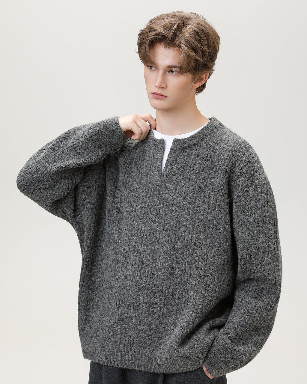 Split-Neck Strickpullover Herren – Wollmix Pullover mit V-Schlitz