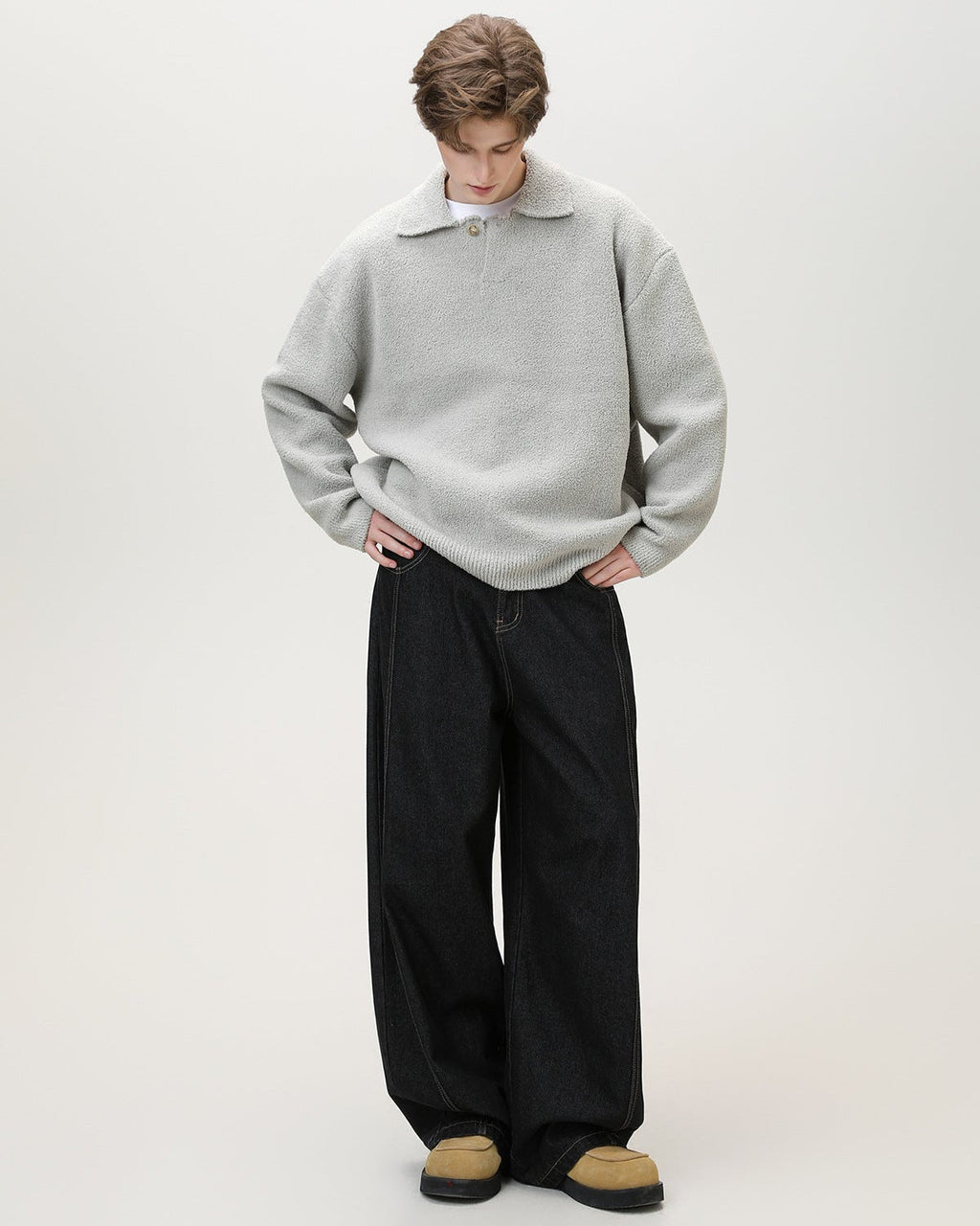 Henley Strickpullover Herren Oversized – Wollmix Pullover mit Knopfleiste