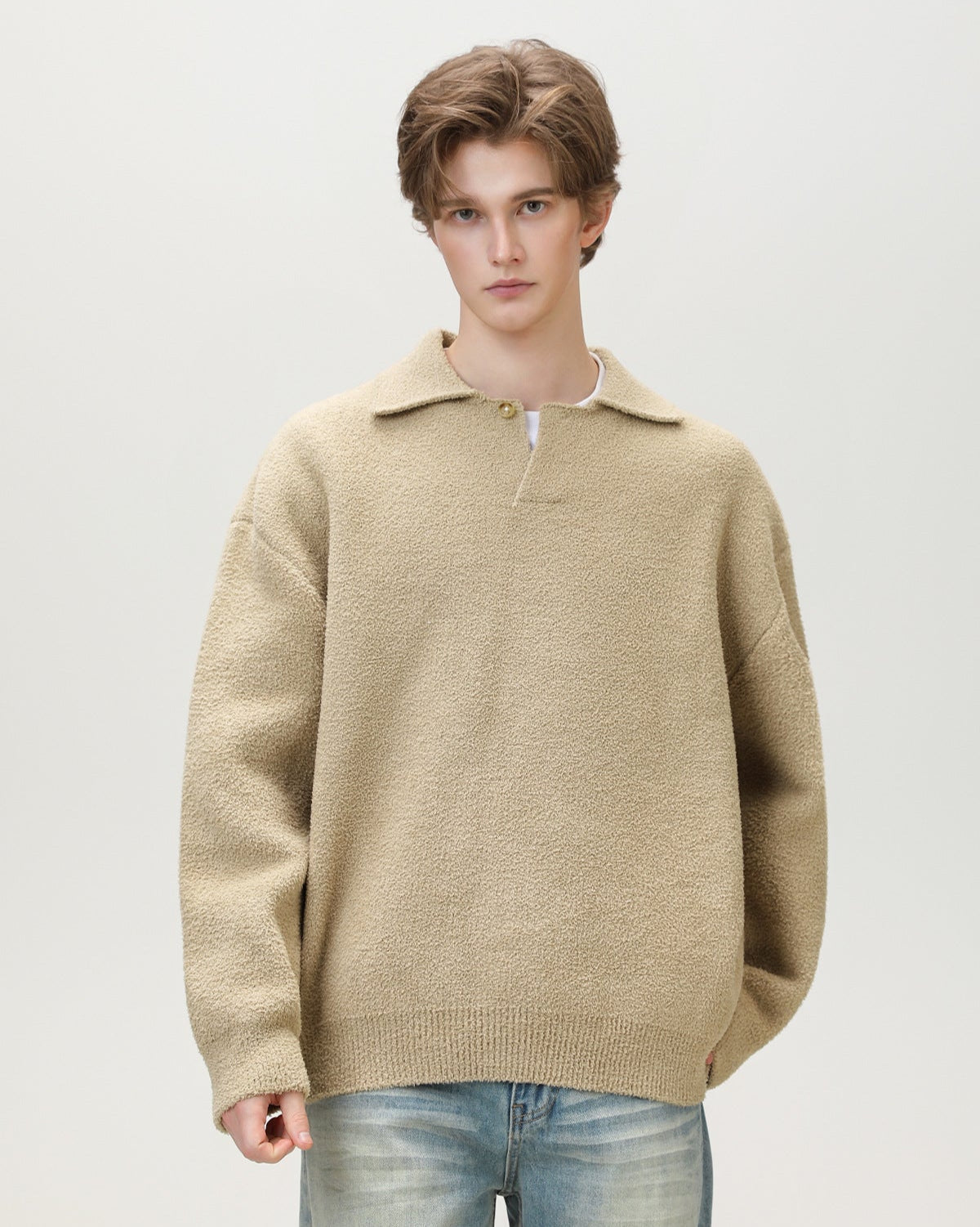 Henley Strickpullover Herren Oversized – Wollmix Pullover mit Knopfleiste