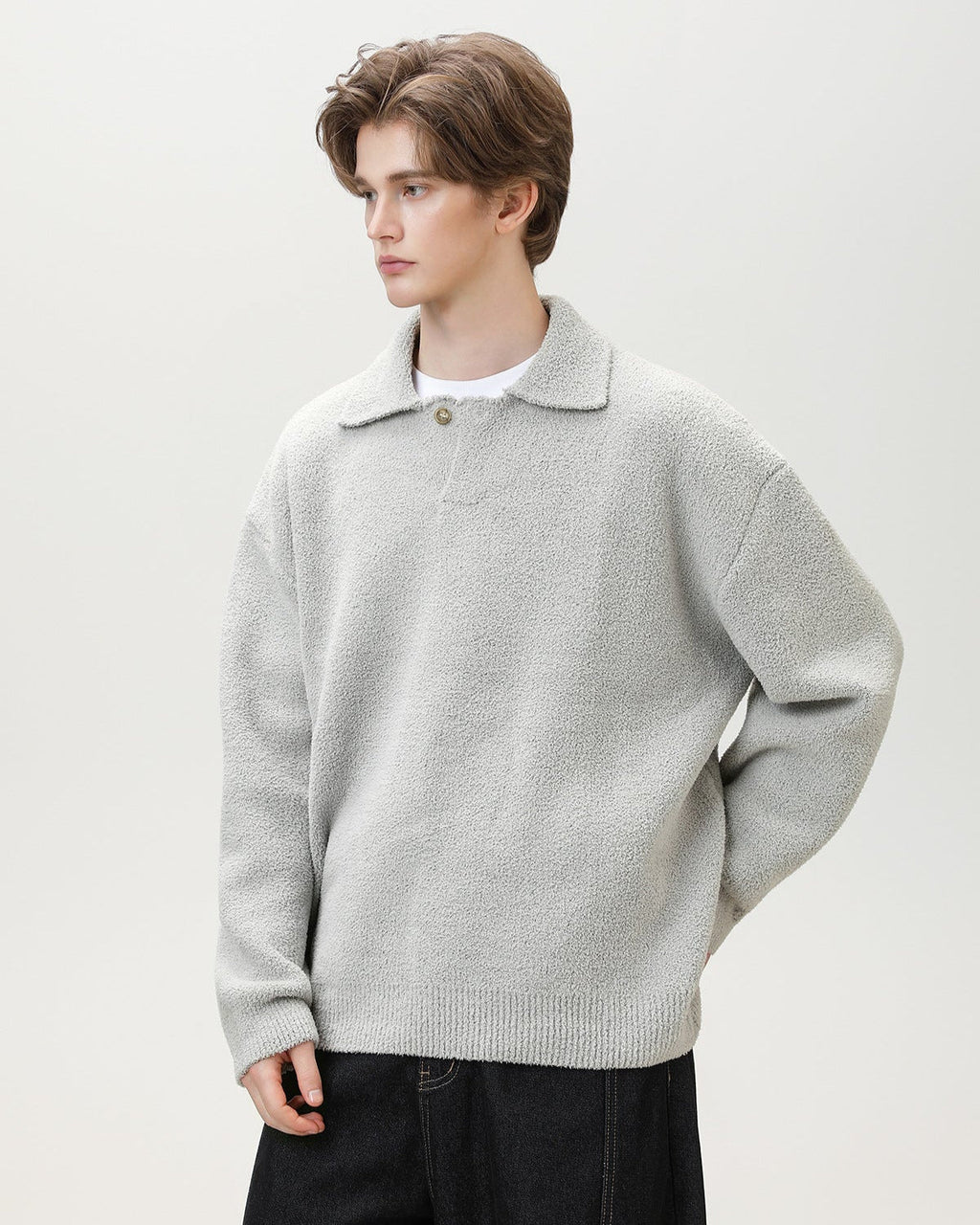 Henley Strickpullover Herren Oversized – Wollmix Pullover mit Knopfleiste