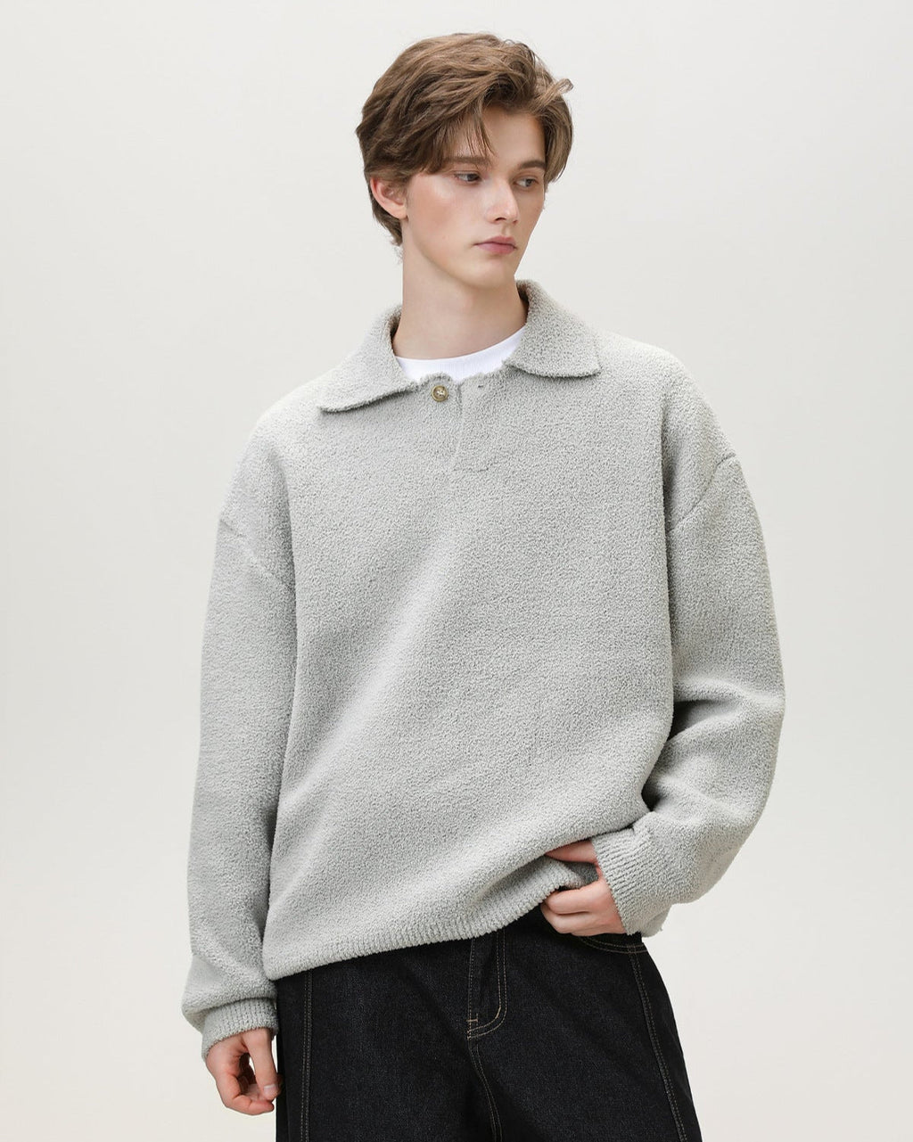 Henley Strickpullover Herren Oversized – Wollmix Pullover mit Knopfleiste