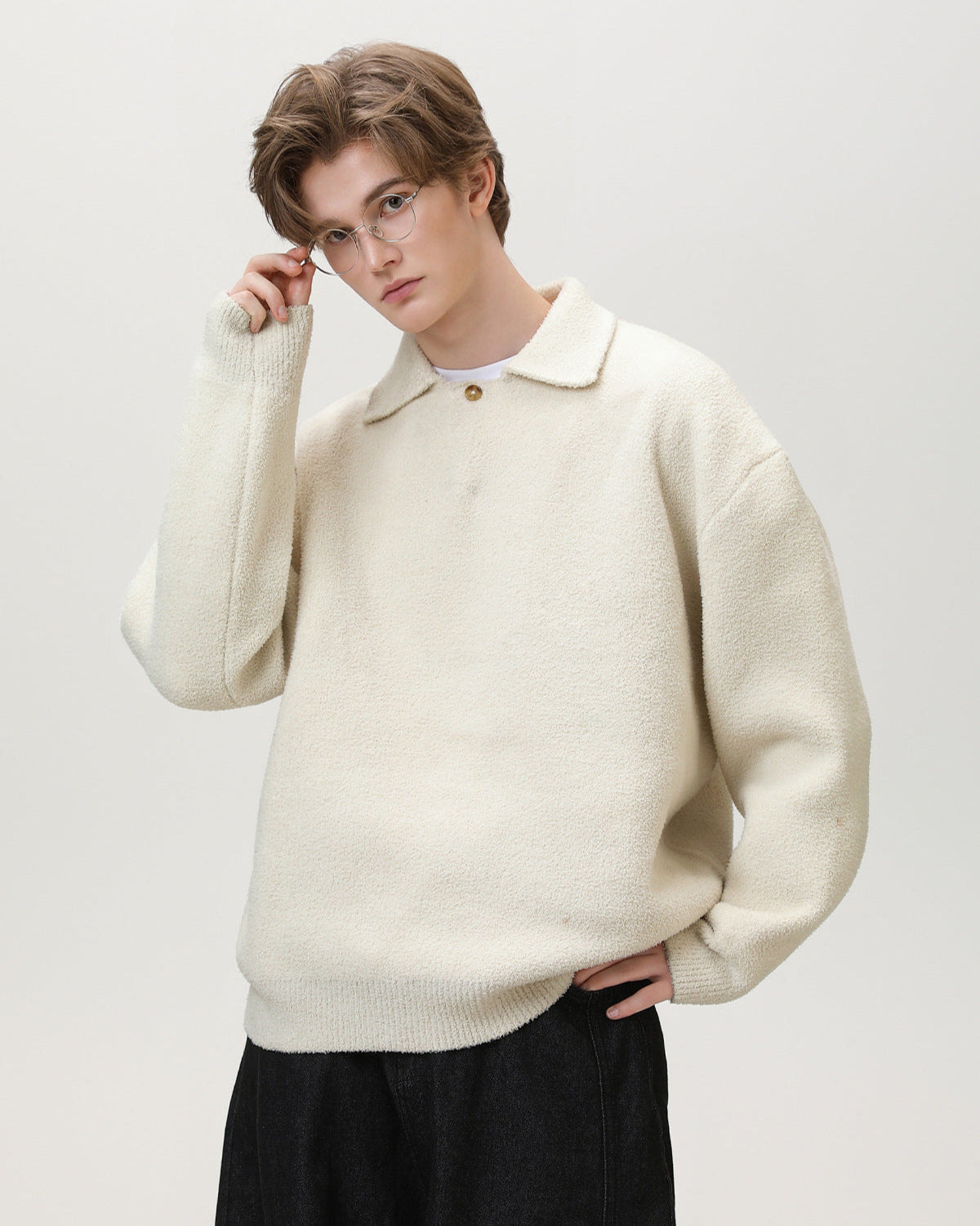 Henley Strickpullover Herren Oversized – Wollmix Pullover mit Knopfleiste
