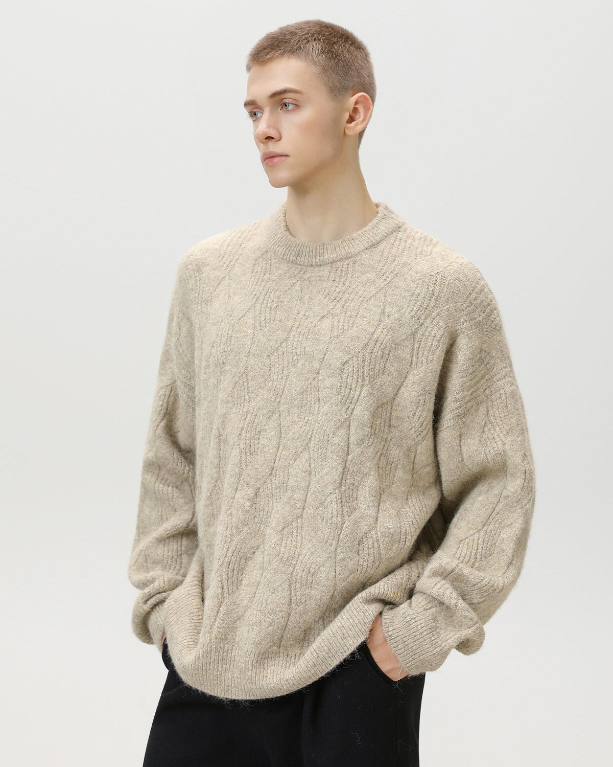 Oversized Cable Knit Pullover Herren – Crewneck Strickpullover Wollmix