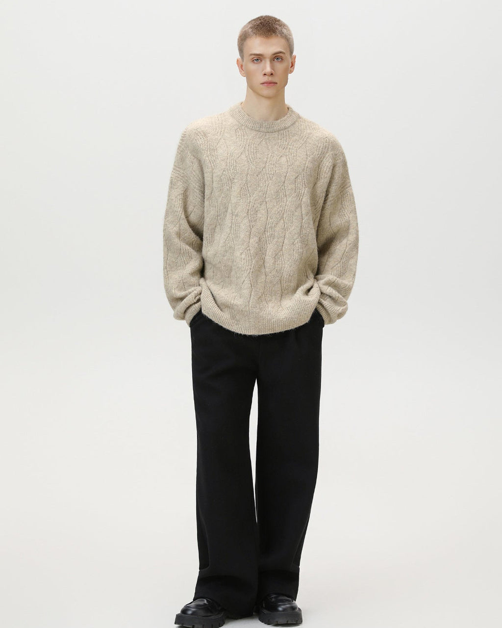 Oversized Cable Knit Pullover Herren – Crewneck Strickpullover Wollmix