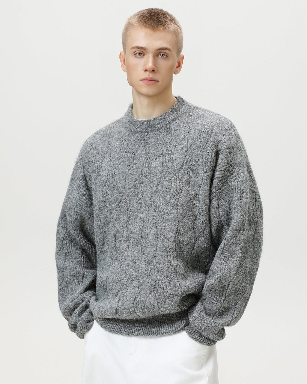 Oversized Cable Knit Pullover Herren – Crewneck Strickpullover Wollmix