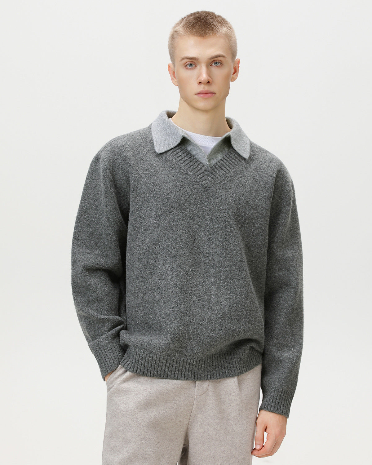 V-Ausschnitt Strickpullover Herren – Wollmix Pullover mit Kragen